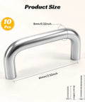 10 Pack Two And One Half Inch Brushed Stainless Steel Cabinet Pulls With 64mm Center-To-Center Spacing, shown with dimensions