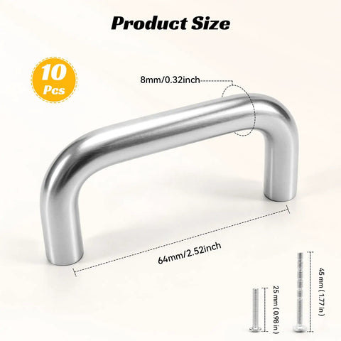 10 Pack Two And One Half Inch Brushed Stainless Steel Cabinet Pulls With 64mm Center-To-Center Spacing, shown with dimensions