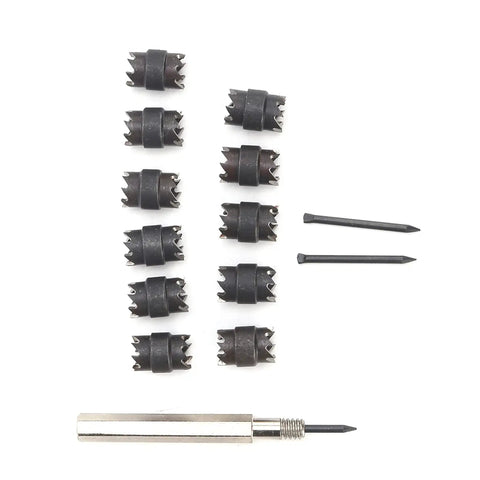 13Piece Spot Weld Cutter Set 3/8 Inch Double Sided Weld Removal Kit For Stainless Steel Iron Aluminum And Thin Metal Sheets Pro Grade Fast Precise Cuts Built Tough For Shop Floors And Field Jobs components displayed on white background.