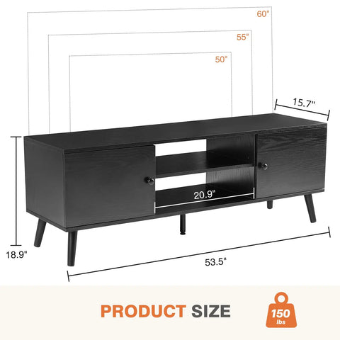 Mid Century Modern TV Stand For 55 To 60 Inch TVs With Storage, Entertainment Center And Media Console Table, measurements shown