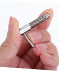 Pro Grade Stainless Steel Retractable Plunger Pin With Beefy L Shaped Thumb Knobs For Toolboxes Screens And Furniture held in hand.