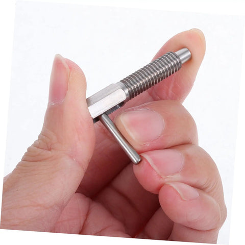Pro Grade Stainless Steel Retractable Plunger Pin With Beefy L Shaped Thumb Knobs For Toolboxes Screens And Furniture held in hand.