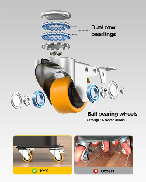 Heavy Duty Furniture Dolly Featuring Silent Smooth Rollers And Slick Floor Friendly Plate detail of ball bearing wheels and dual row bearings.