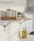 Heavy Duty Stainless Steel Shelf Bracket for Quick Mount Storage in Kitchen and Bath installs in a snap on studs or solid walls.