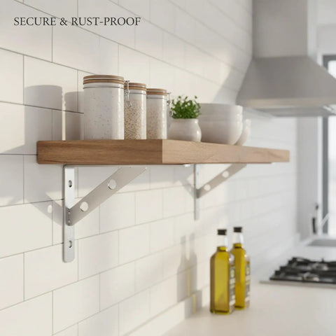 Heavy Duty Stainless Steel Shelf Bracket for Quick Mount Storage in Kitchen and Bath installs in a snap on studs or solid walls.