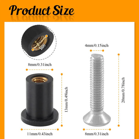 Dimensions of 12 Pairs M4 Rubber Well Nuts Neoprene Expansion Brass Nuts with Stainless Steel Pozi Screws for Canoe Boat Kayak