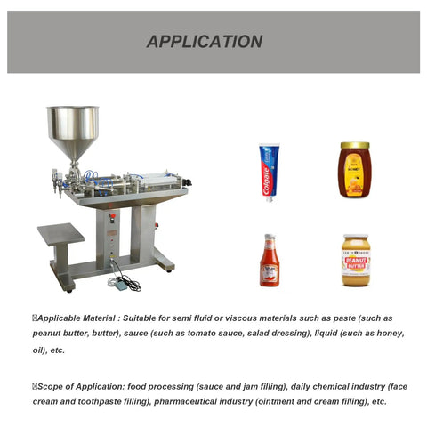 Heavy Duty Dual Head Pneumatic Paste Filling Machine With 50L Vertical Hopper For Shampoo Thick Cream And Cosmetic Liquids Adjustable 100 To 1000 Ml Capacity, shown with various product applications.