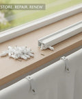 All In One 130 Piece Spring Latch Repair Kit With Metal Pins And PP Staples For Curtains Blinds And Cabinet Doors That Reattaches Detached Hooks Fixes Loose Slats And Replaces Worn Latches In A Snap, white parts on window blind
