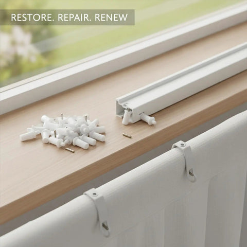 All In One 130 Piece Spring Latch Repair Kit With Metal Pins And PP Staples For Curtains Blinds And Cabinet Doors That Reattaches Detached Hooks Fixes Loose Slats And Replaces Worn Latches In A Snap, white parts on window blind