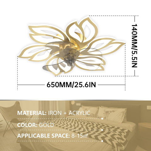 Bladeless Ceiling Fan With Lights And Remote Control 25 Inch LED Flush Mount Golden Finish 72W Modern Flower Shape Design