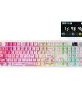 Level Up Your Desktop Rig With This Full Size Mechanical Keyboard Featuring A Built In Display And Tuning Dial 104 Keys Built Different For Comfort With A Huge 8000Mah Battery For Flawless Typing, pink gradient keys and digital clock display.
