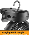 Six Inch Portable Hanging RV Tent Fan With Remote Control LED Light And Timer 10000mAh Battery Delivers Up To 40 Hours Run Time Rechargeable Clip Fan For Camping And Emergency Power Black close-up of hanging hook design