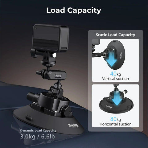 6 Inch Suction Cup Mount With Ball Head Magic Arm showing load capacity for action cameras on a car windshield