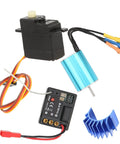 Heavy Duty Brushless Motor Esc Receiver And Servo Set Slick Aluminum Upgrade For Sg1603 Sg1604 Rc Cars components featuring blue aluminum heatsink, black servo, and circuits.