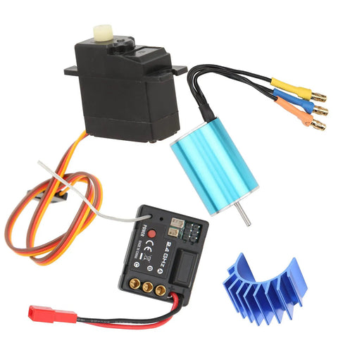 Heavy Duty Brushless Motor Esc Receiver And Servo Set Slick Aluminum Upgrade For Sg1603 Sg1604 Rc Cars components featuring blue aluminum heatsink, black servo, and circuits.