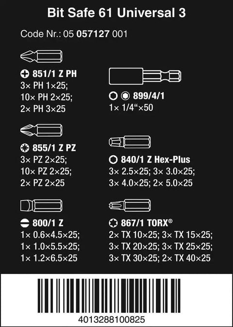 Universal 3 Bit Set 61 Piece With Magnetic Holder And Textile Box product diagram and part specifications