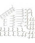 Assorted Heavy Duty Metal Shelf Hooks 50 Pack For Pegboard Displays Silver Finish Brackets in various sizes on white background.
