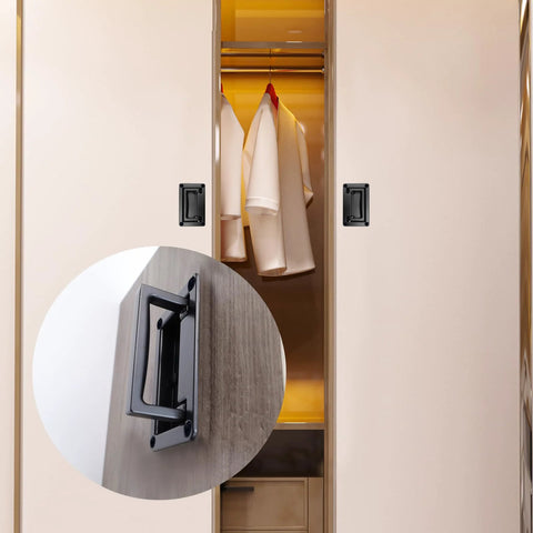 Recessed Flush Pull Handle With Mounting Screws Black Zinc Alloy installed on a closet door, highlighting compact space-saving design.