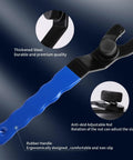 Hardcore Adjustable Pin Spanner Wrench For Angle Grinders With Rock Solid Handle And Sweat Free Disc Swap Kit Forged From Premium Chisel Tool Steel Measuring Seven Point Two Five Inches In Bold Blue, showing rubber handle and adjustable nut.