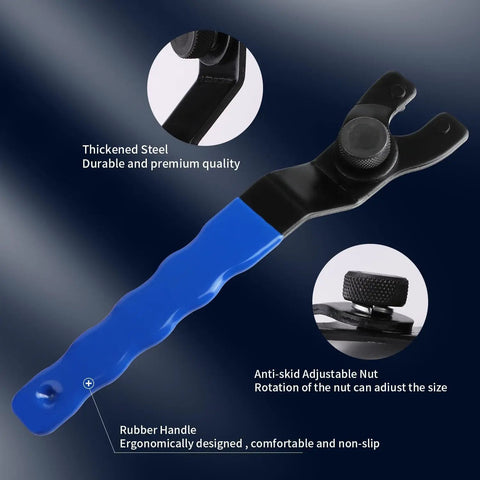 Hardcore Adjustable Pin Spanner Wrench For Angle Grinders With Rock Solid Handle And Sweat Free Disc Swap Kit Forged From Premium Chisel Tool Steel Measuring Seven Point Two Five Inches In Bold Blue, showing rubber handle and adjustable nut.