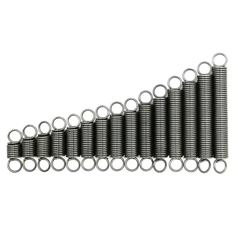 Heavy Duty Stainless Steel Tension Springs With Hooks For Automotive And Industrial Projects, 4X1mm Coiled Extension Springs Pack Of 10 displayed in a variety of sizes.