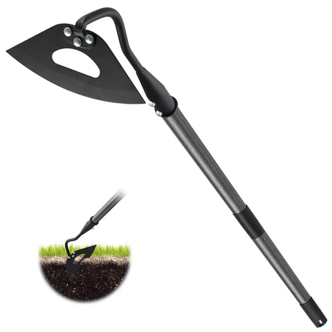 Heavy Duty Garden Hoe For Fast Weeding And Grass Removal, 55 Inch Long Handle, Hardened Hollow Eye Hoe, close-up with soil use demonstration