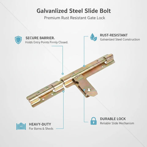 Rock Solid Slide Bolt Gate Latch Rust Proof Galvanized Steel Hardware With Tight Strike Plate for sturdy outdoor barn doors.