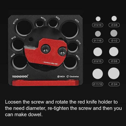 Front view of a Compact Dowel Cutter Plate With Indexable Carbide Inserts For Drills Eight Imperial Holes From Five Sixteenths To Three Quarters Of An Inch In One Sixteenth Inch Increments Pro Grade Sleek Dowel Maker For Smoother Cuts, showing various hole sizes.