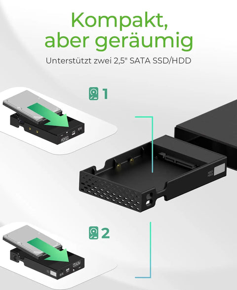 Dual Bay 2.5 Inch Sata Enclosure With Usb C Type Port For Ssd And Hard Drives, showcasing the installation of two 2.5 inch SATA HDDs.