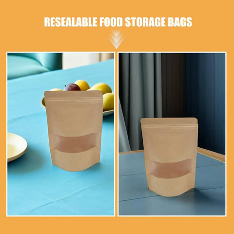 Resealable Kraft Paper Bags With Clear Window For Food Storage And Pantry Organization Pack Of 50 on table