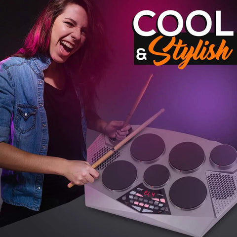 Person playing a Portable Electronic Drum Kit With 7 Drum Pads, Hi Hat And Kick Bass Pedal, USB AUX, Desktop Tabletop Drum Set PTED06