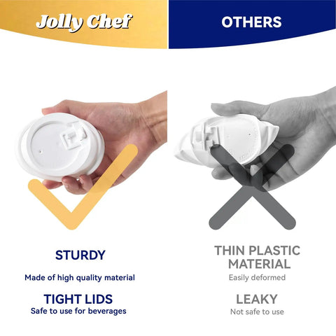 Comparison of sturdy white lid vs thin lid from Two Color Leaf Design 10 Oz Disposable Coffee Cups With Lids Sleeves And Stirrers 100 Pack Value Set For Home Office Cafe Blue Leaf And Grey Leaf Prints Includes White Lids And Accessories.