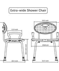 Diagram of Heavy Duty Shower Chair With Arms And Back For Inside Shower Stall, Extra Wide 28 Inch U Shaped Seat dimensions shown