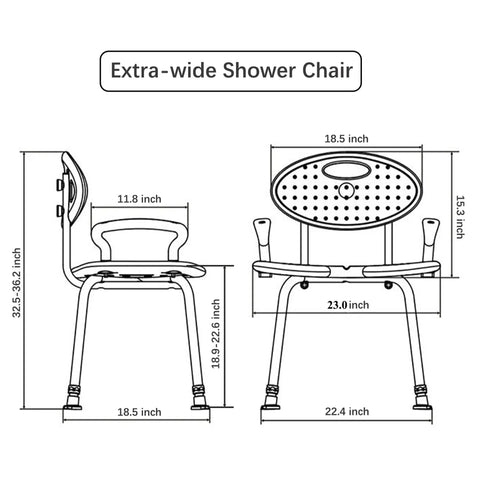 Diagram of Heavy Duty Shower Chair With Arms And Back For Inside Shower Stall, Extra Wide 28 Inch U Shaped Seat dimensions shown