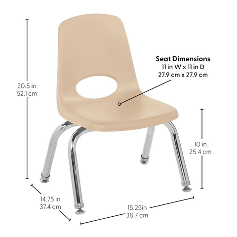 Durable Ten Inch School Stack Chairs Set Of Two For Kids With Chrome Steel Legs And Self Leveling Swivel Glides Great For Preschool Classrooms Or Homeschool Sand Finish chair with dimensions