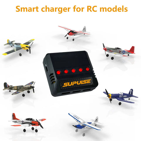 5in1 USB Charger For RC Planes And Spare Parts, Ultra Safe High Efficiency Battery Charger For 3.7V LiPo And Li-Ion Packs displayed with model warbirds