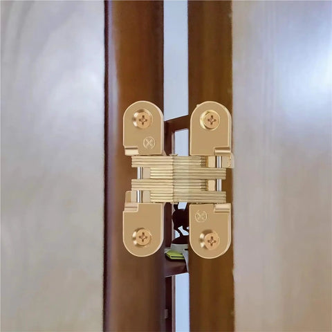 Hidden 180 Degree Zinc Alloy Cross Door Hinge for Cabinets and Furniture, Concealed Invisible Hinge Kit, installed on brown door frame