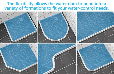 Collapsible 67 Inch Shower Threshold Water Dam Barrier For Wet Dry Separation Keeps Water From Spilling In Curbless Showers And Bathrooms Flexible Cut To Fit Barrier For Kitchen And Bath No Mess Easy Install in various configurations on tile floor.