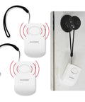 Two Pack Door Handle Alarm With 130dB Vibration Trigger, Super Loud Home Security Alarm For Doors, Keeps Nosy Intruders At Bay And Kids Safe, Great For Toddlers, Elderly, Hotels, Travel, And Bedrooms, Easy Setup white vibration door alarms with black straps on a door knob