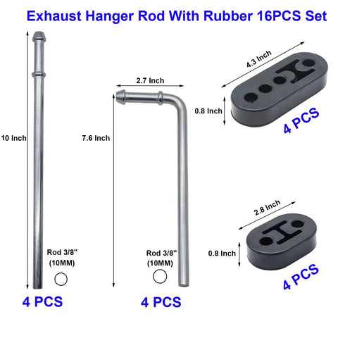 Beefed Up Heavy Duty Exhaust Hanger Rod Set Three Eighths Inch Universal Fit With Straight 10 Inch And 90 Degree 7.6 Inch Long Hangers