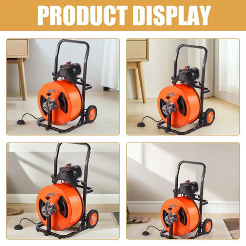 Heavy Duty Auto Feed Drain Auger Snake Machine Packs Four Swappable Cutters in orange color, displayed from multiple angles.