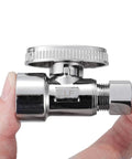 Built Like A Tank Lead Free Brass Water Angle Stop Valve Two Pack 1/2 Inch FIP To 3/8 Inch OD Compression Quarter Turn Chrome Shut Off Fitting Smooth Crisp Action For DIY, held in hand.