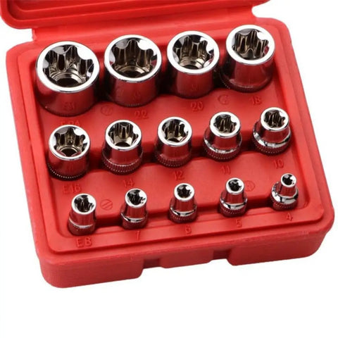 14-Piece Female E-Star Socket Set E4 To E24 Drive With External Hex Sleeve Kit For Impact Wrench displayed in red case