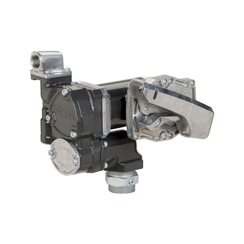 Heavy Duty 12 Volt Fuel Transfer Pump 25 Gpm Portable Liquid Handling Workhorse with metal body and nozzle for fuel transfer.