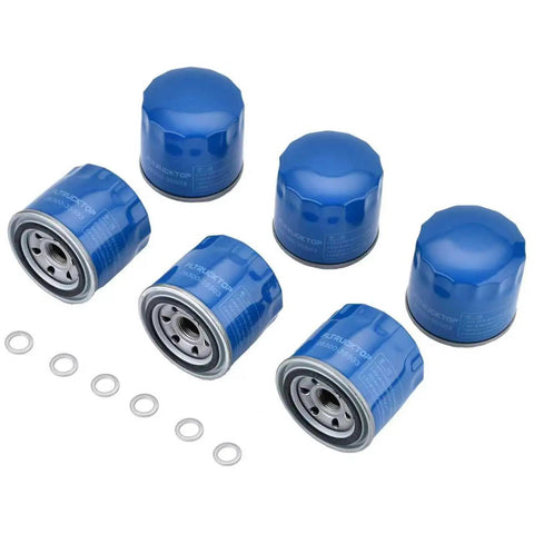 Six Pack Engine Oil Filter And Drain Plug Gasket Kit Fits Hyundai Elantra Santa Fe Sonata Accent Kona And Kia Forte Forte5 From 1997 To 2024 Replaces 26300 35504 MZ690116 displayed with six blue oil filters and gaskets