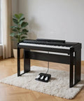 Digital piano with Three Pedal Unit for P125 P225 P525 on rug, sustain soft sostenuto pedals visible, home setup view