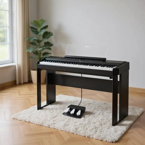 Digital piano with Three Pedal Unit for P125 P225 P525 on rug, sustain soft sostenuto pedals visible, home setup view