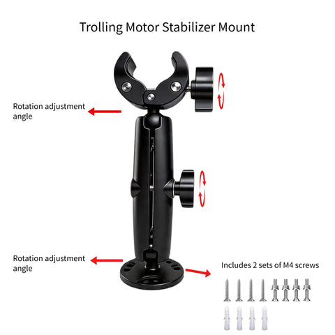 Heavy Duty Anti Vibration Trolling Motor Stabilizer Mount With 360 Degree Aluminum Bracket and Dual One Inch Rubber Ball Clamp, adjustable angle