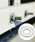 Top Shelf M6 Flat Washers 304 Stainless Steel 120 Pack 6mm ID 10mm OD Heavy Duty Bolt Hardware Rust Resistant For DIY Repairs, shown installed.