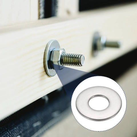 Top Shelf M6 Flat Washers 304 Stainless Steel 120 Pack 6mm ID 10mm OD Heavy Duty Bolt Hardware Rust Resistant For DIY Repairs, shown installed.